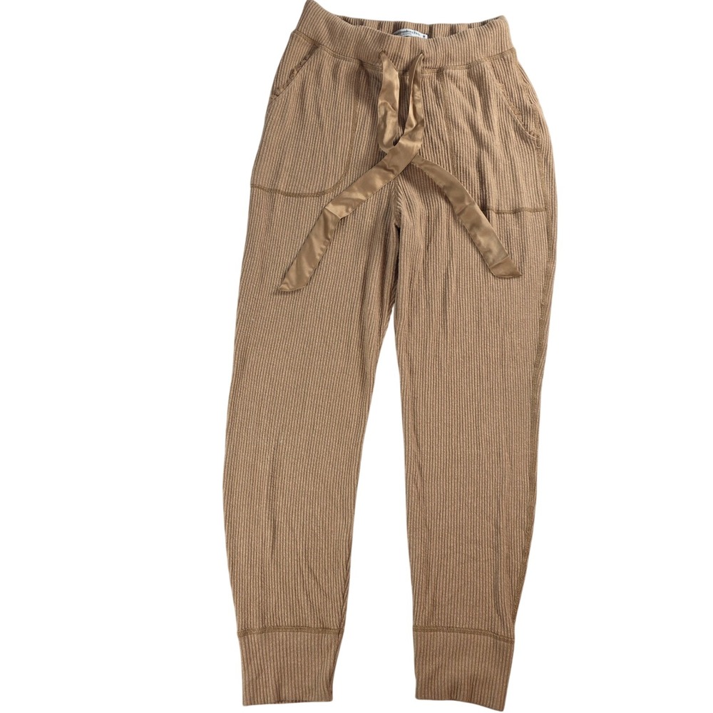 Abercrombie & Fitch Women Med Tan Ribbed Sleepwear Joggers Satin Tie Loungepants